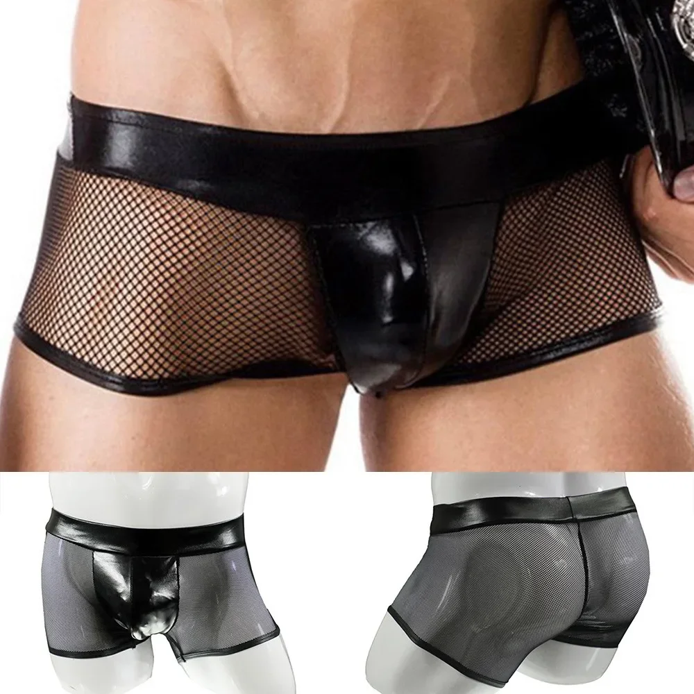 Bamboo Fiber Trunk - 男性のセクシーな下着フェイクレザートランク網タイツブラックメッシュナイトクラブボクサー男ローライズランジェリーエロブリーフ通気性パンティー