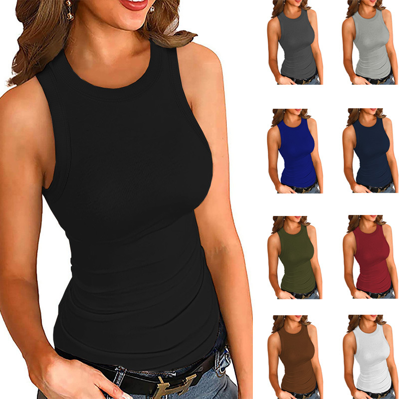 Tank Top Ribbed - クロスボーダー春夏新作アマゾン欧米風無地プリントラウンドネックタンクトップ（リブ編みインナー付き）