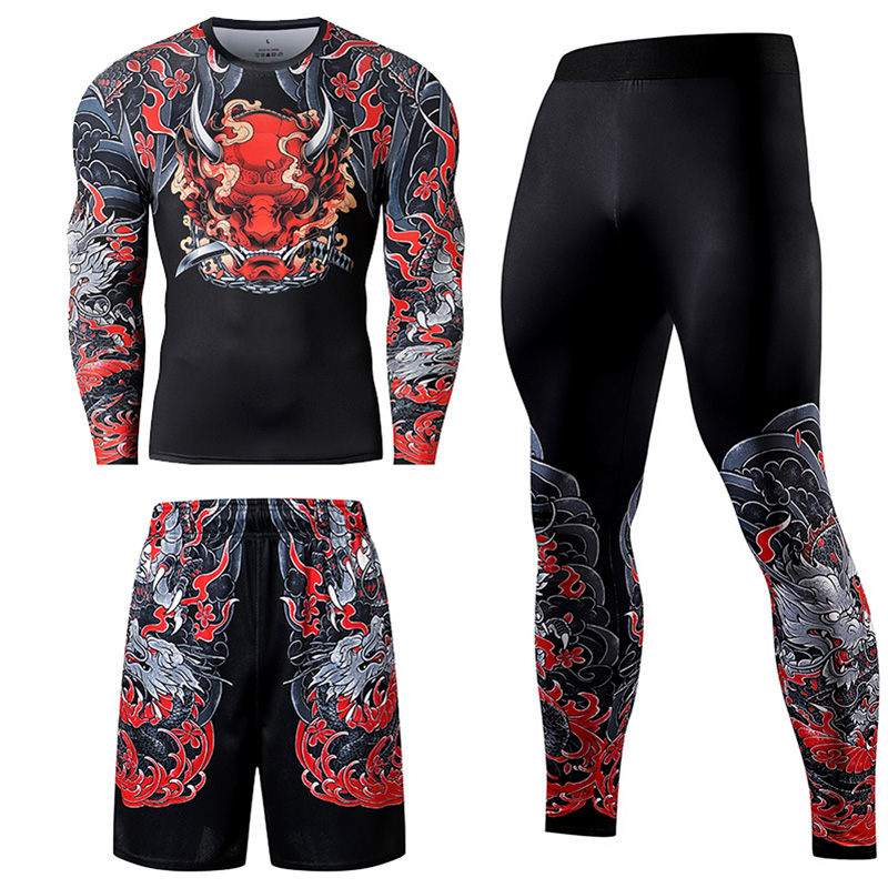 Compression Long Pant - 2/3 個男性柔術トラックスーツ圧縮セットスポーツウェアジム服フィットネス長袖ラッシュガードウエストレギンススポーツスーツ