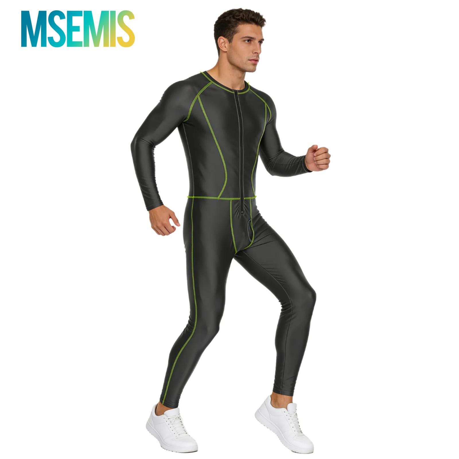Compression Long Pant - 水着 メンズ水着 光沢のあるスリムジャンプスーツ ワンピース水着 シームフロントジップ 長袖