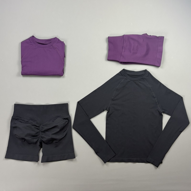 Compression Shorts Athletes - 2ピースジムセット レディース ラグラン長袖クルーネックトップ スクランチバットバイカーショーツ ストレッチソフトソリッドヨガピラティスアスレチックウェア