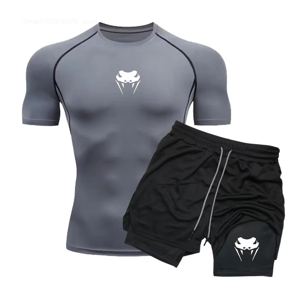 Compression Shorts Athletes - メンズコンプレッションアスレチックフィットネスウェア - 速乾タイト半袖アニメダブルレイヤーショーツサマーセットフィットネスランニングセット