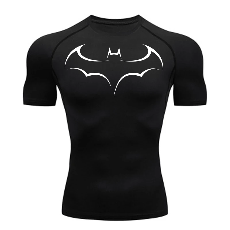 T Shirt Tight Fit - バットプリントメンズタイト Tシャツランニングコンプレッション Tシャツジムフィットネスジョギング半袖男性カジュアルシャツトップス