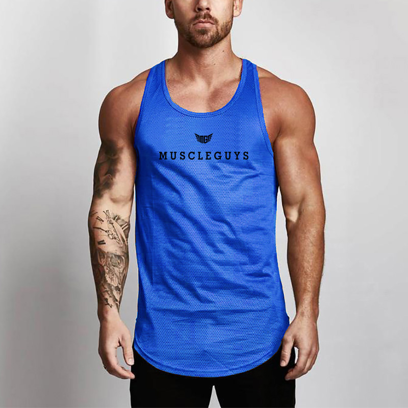 Sleeveless Undershirt - 夏の男性用新作メッシュ速乾Oネックプリント入りスリムフィットジムワークアウトウェイトリフティングスポーツボディビルディングフィットネスノースリーブシャツ