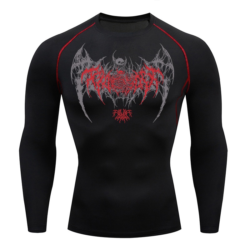 Base Layer Top - スカルウィングプリント長袖コンプレッションシャツ男性用ジムワークアウトランニングベースレイヤーアンダーシャツ春秋アスレチックトップス