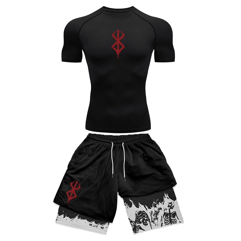 Compression Shorts Athletes - アニメ 3D プリントメンズコンプレッションセット半袖ジムトップ + ワークアウトショーツ速乾性通気性陸上競技ラッシュガードセット