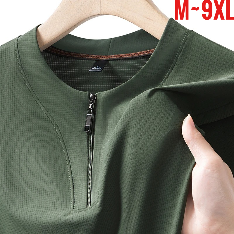 T Shirt Tight Fit - ビッグサイズ 9XL メンズ アイスシルク ヘンリーシャツ ハーフジップアップ
