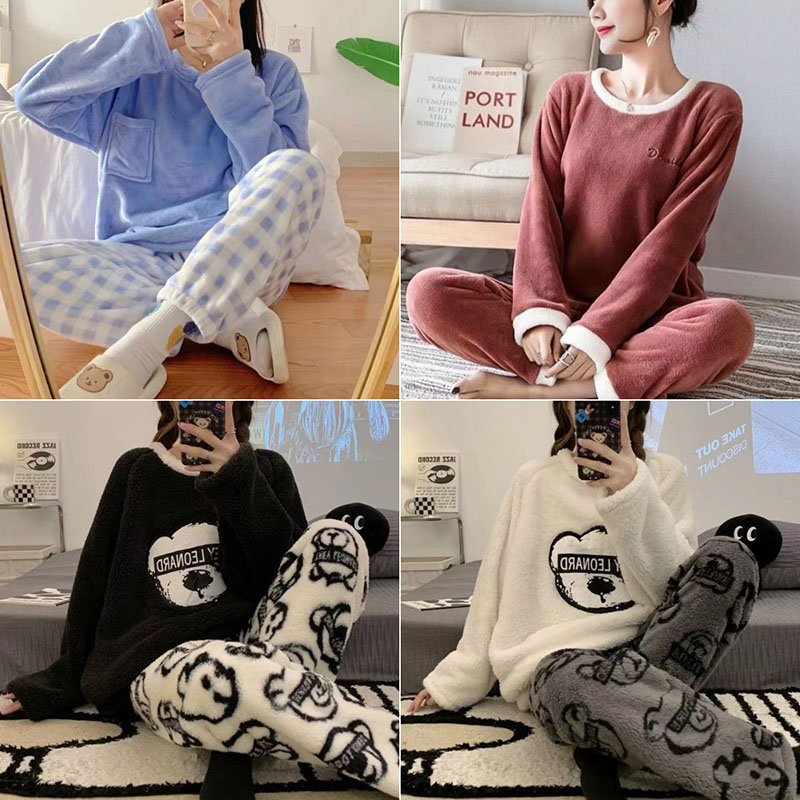 Thermal Long John - 女性用の厚くて暖かいフランネルパジャマセット,長袖のコーラルベルベットパジャマ,漫画のクマ,大きいサイズ,秋と冬