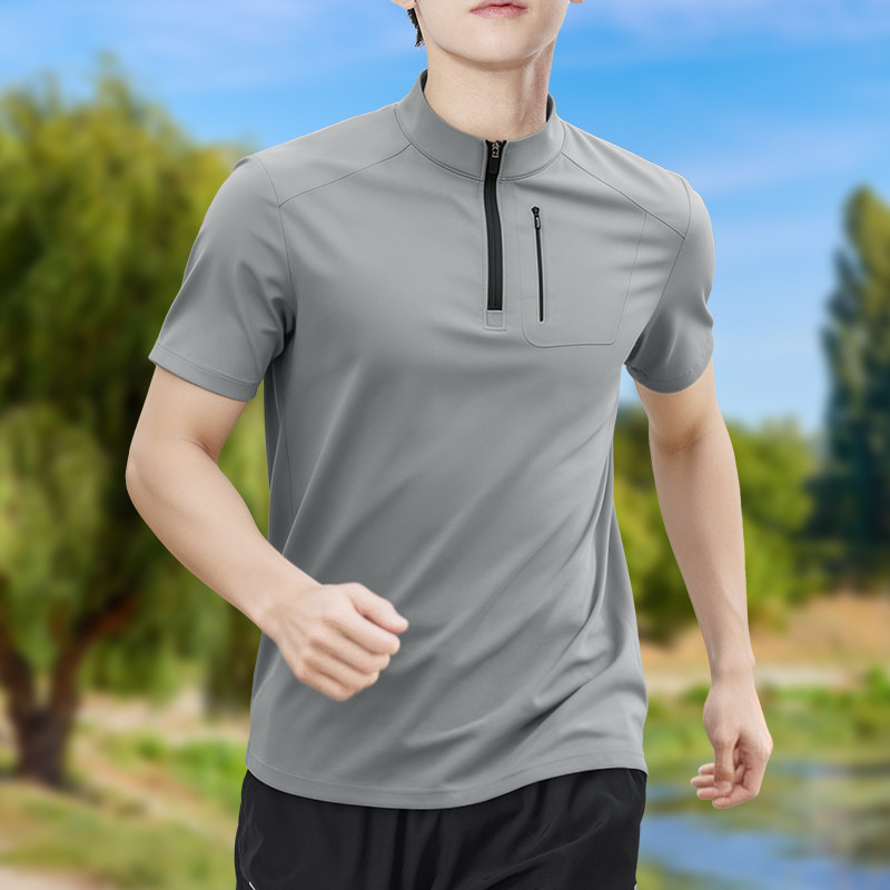 T Shirt Tight Fit - メンズハーフジップ高伸縮速乾半袖Tシャツ通気性アウトドアスポーツランニングトレーニングスタンドカラーカジュアルトップ