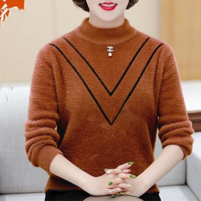 Undershirt Crew Neck - 女性用クルーネックプルオーバー、長袖セーター、ニットアンダーシャツ、カジュアルエレガントトップス、スクリュースレッド、単色、秋冬