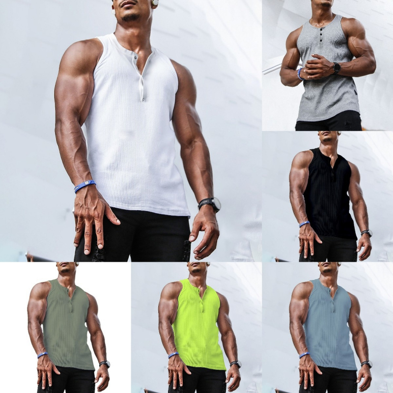 Undershirt Crew Neck - メンズ リブ編みトップス ノースリーブ ヘンリーシャツ Vネック ボタン