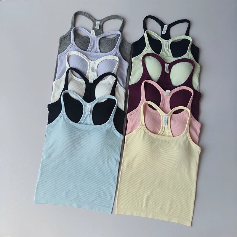 夏の女性用ヨガキャミソールスポーツベスト、無地リブタンクトッ - Tank Top Ribbed のレビューと価格