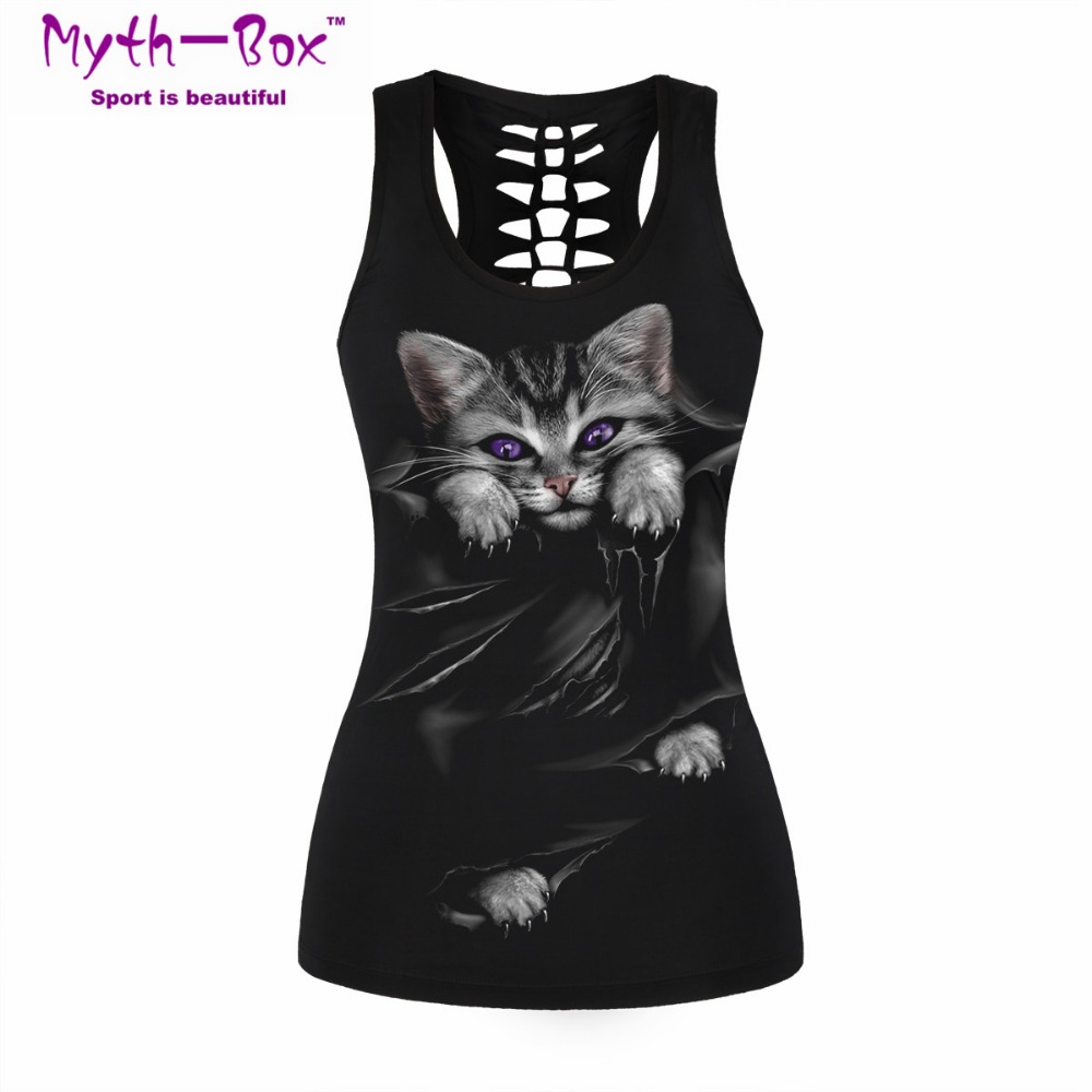 女性スポーツベストバッドキャットプリントノースリーブシャツヨ - Sleeveless Undershirt のレビューと価格