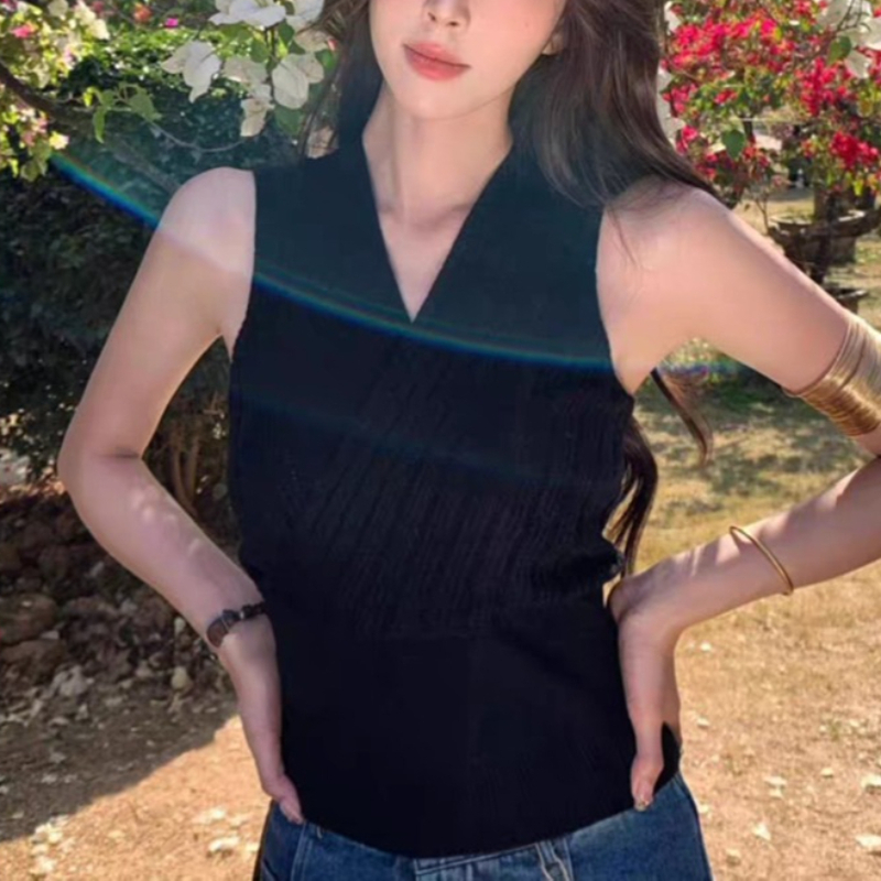 レディース ノースリーブ ラップニット セーターベスト Vネ - Tank Top Ribbed のレビューと価格