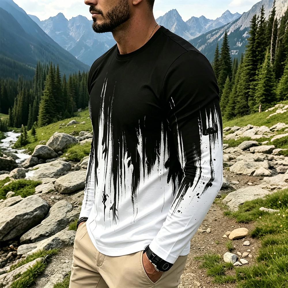 メンズグラデーションインクスプラッシュ長袖Tシャツカジュアル - Base Layer Top のレビューと価格
